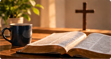Open Bible and mug on a table in a warm room