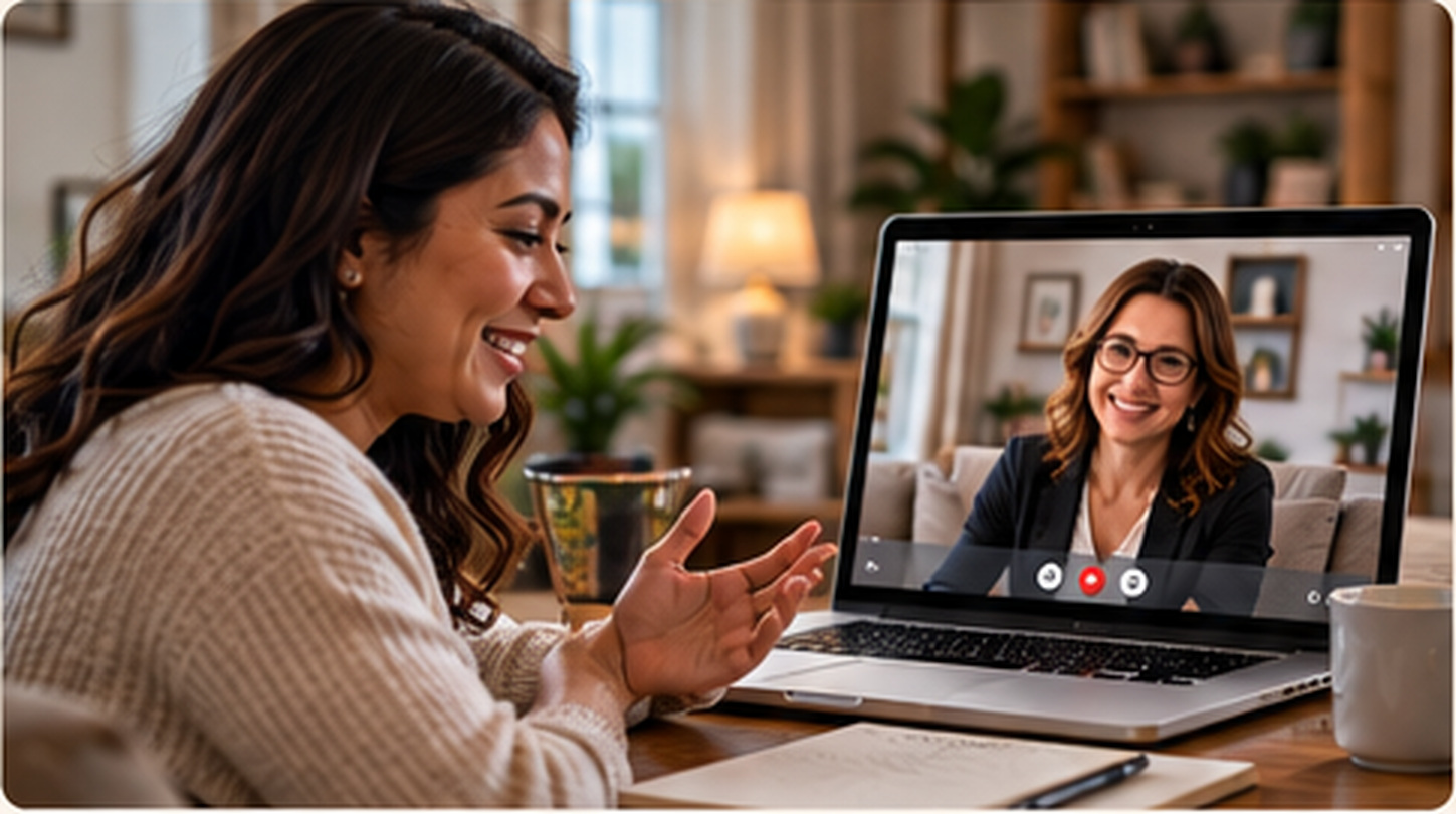 One Hispanic client in a private one-to-one telehealth counseling session with a clinician on a laptop