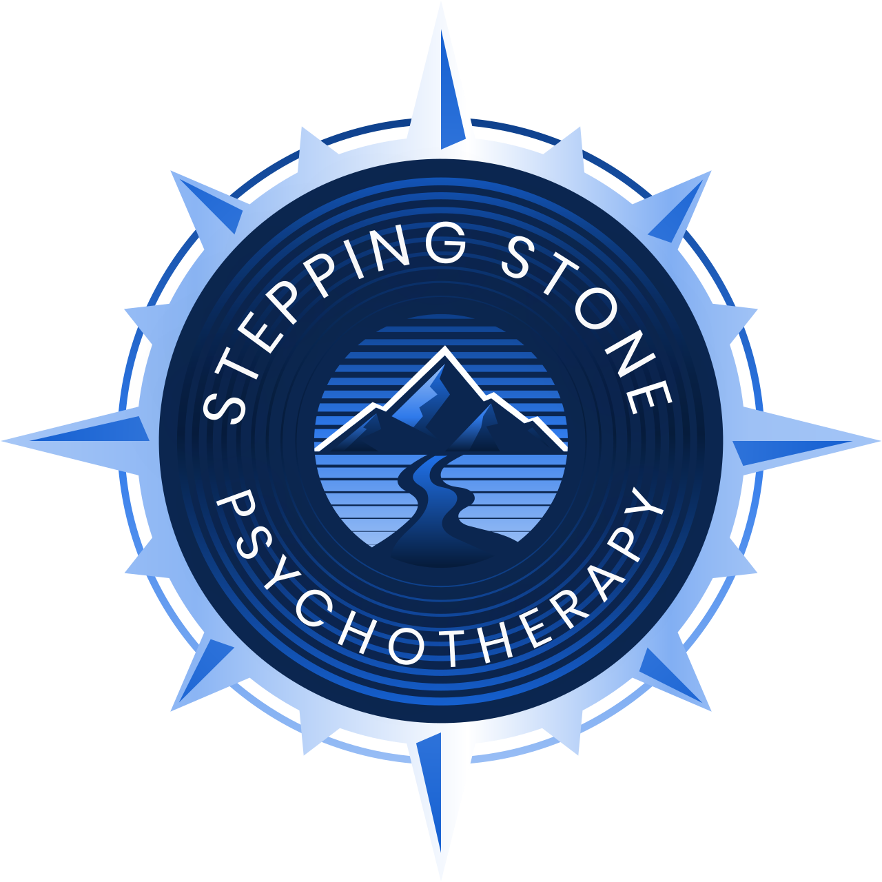 Stepping Stone Psychotherapy compass and mountain logo